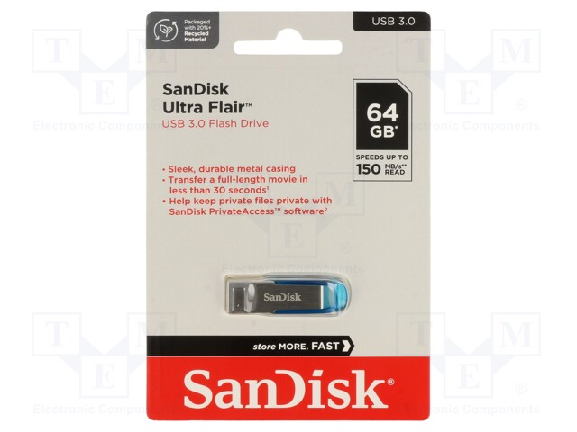 Pendrive; USB 3.0; 64GB; R: 150MB/s; USB A; ULTRA FLAIR; blue