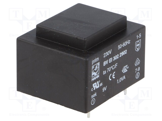 Transformer: encapsulated; 1VA; 230VAC; 9V; 112mA; Mounting: PCB
