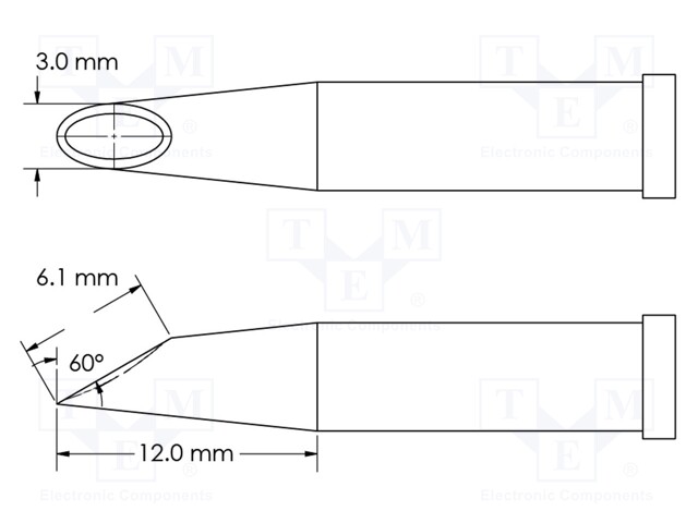Soldering Tip, Hoof/Concave/60° Bevel, 3 x 12 mm, Soldering Station