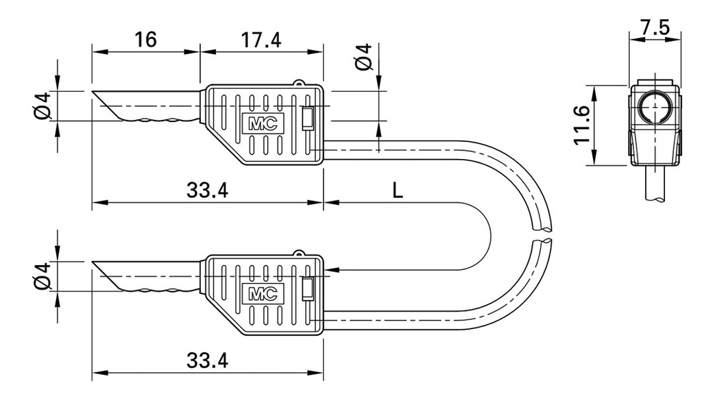 Test lead; 60VDC; 30VAC; 19A; banana plug 4mm,both sides; Len: 2m