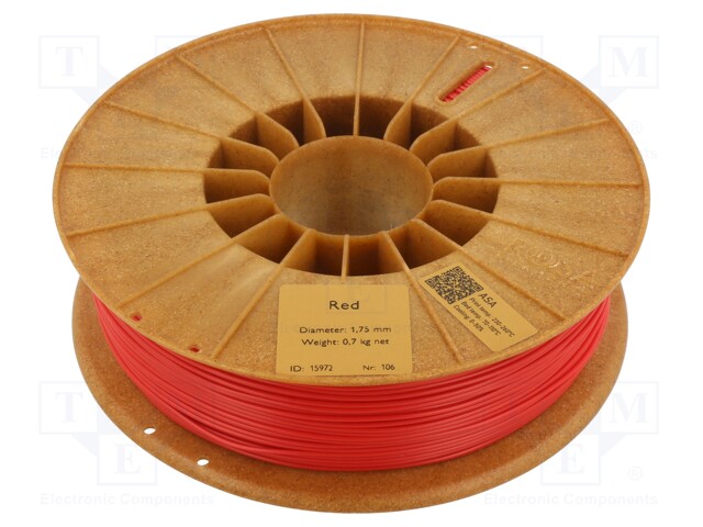 Filament: ASA; 1.75mm; red; 220÷250°C; 700g; Table temp: 90÷110°C
