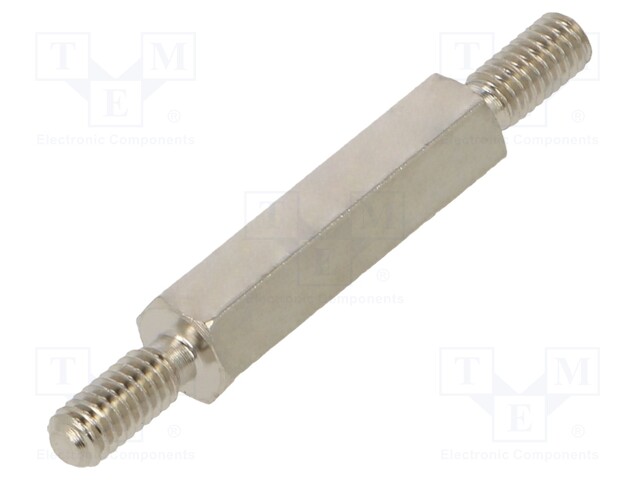 Screwed spacer sleeve; 15mm; Ext.thread: M2,5; hexagonal; brass