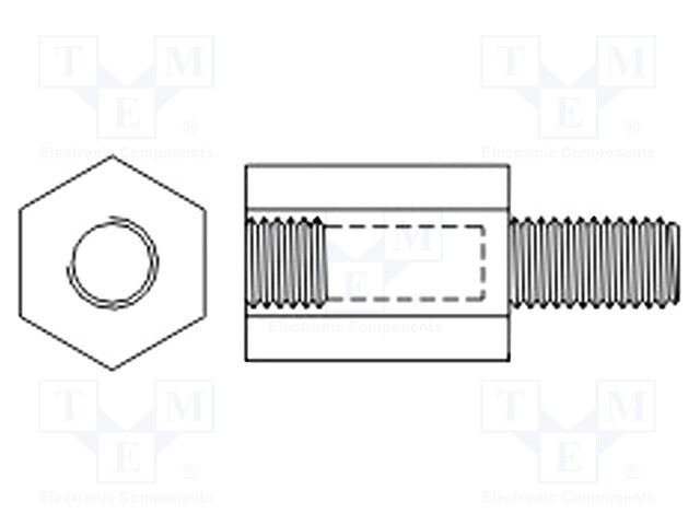 Screwed spacer sleeve; hexagonal; polyamide; UNC6-32; UNC6-32