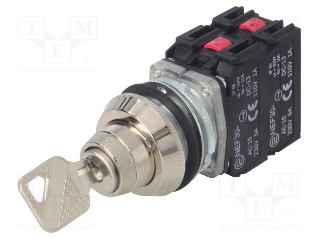 Switch: rotary with key; Stabl.pos: 2; NC x3 + NO; 30mm; silver