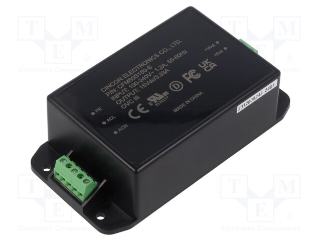 Power supply: switched-mode; 50W; 15VDC; 3.33A; 55.2x106.6x30.5mm