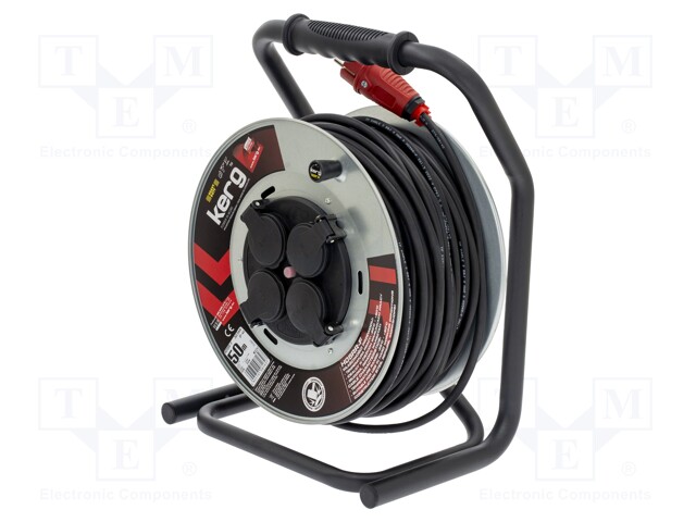 Extension lead; reel; Sockets: 4; rubber; black; 3x1,5mm2; 50m; 16A