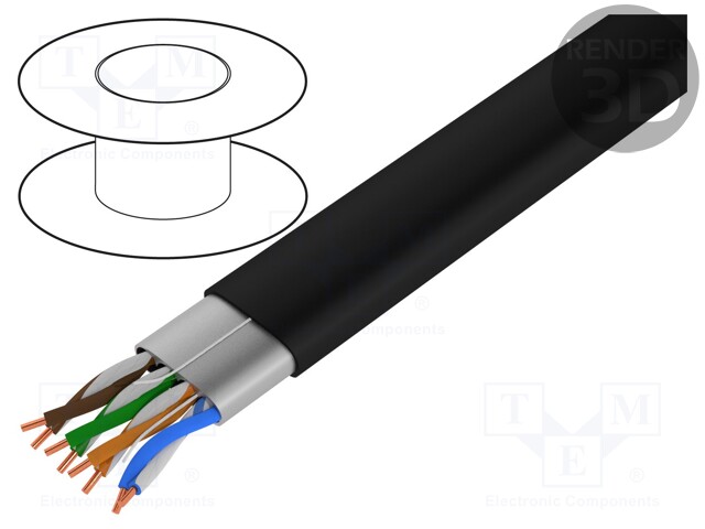 Wire; U/UTP; 6; solid; Cu; 4x2x23AWG; PVC; black; 152m; 7mm