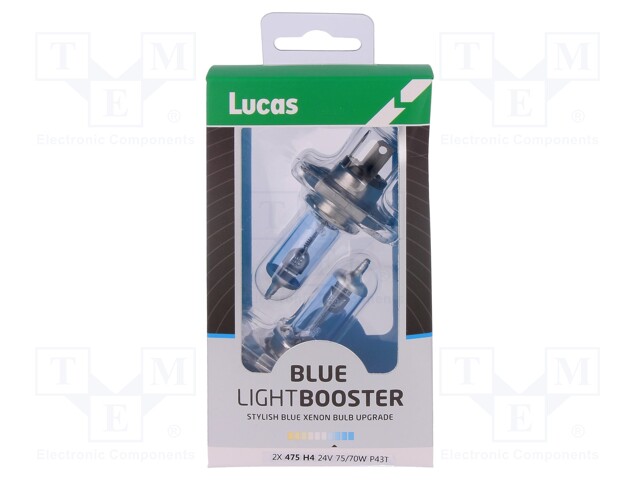Filament lamp: automotive; P43t; white-blue; 24V; 75/70W; BLUE; H4