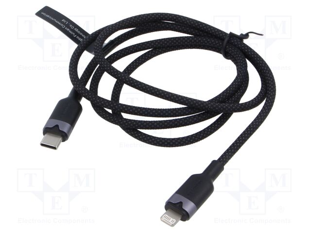 Cable; Apple Lightning plug,USB C plug; nickel plated; 1m; black