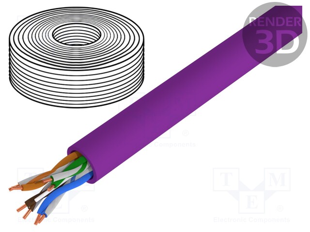Wire; U/UTP; 6; solid; Cu; 4x2x23AWG; LSZH; violet; 50m; Øcable: 6.3mm