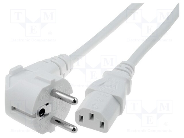 Cable; CEE 7/7 (E/F) plug angled,IEC C13 female; 3m; white; PVC