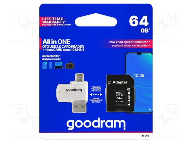 Memory card; SD XC Micro; 64GB; Read: 100MB/s; Write: 10MB/s; UHS I
