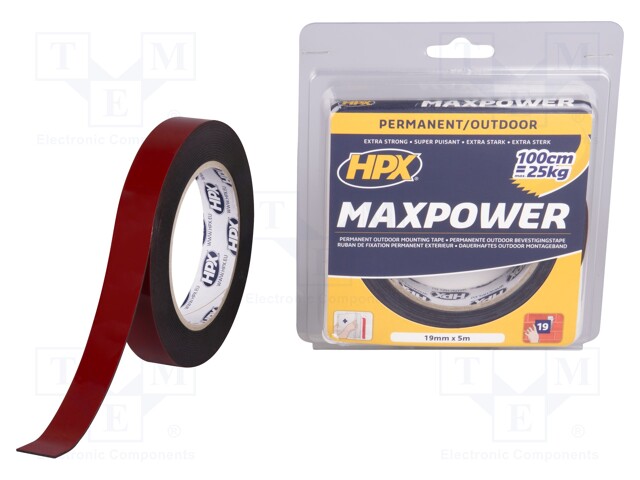 Tape: fixing; W: 19mm; L: 5m; D: 1.1mm; V: double-sided; acrylic; black