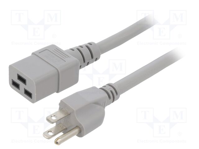 Cable; IEC C19 female,NEMA 5-15 (B) plug; PVC; 5m; grey; 3x14AWG