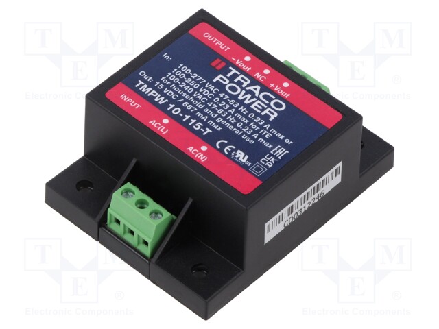 Power supply: switched-mode; for building in; 10W; 15VDC; 667mA
