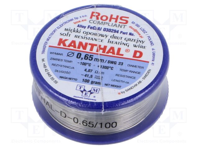 Resistance wire; 4.07Ω/m; -100÷1300°C; 0.1kg; Øout: 0.65mm; FeCrAl