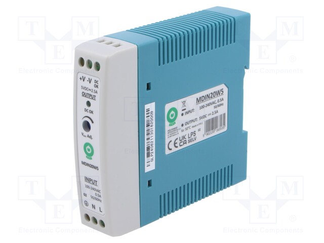 Power supply: switching; for DIN rail; 12.5W; 5VDC; 2.5A; OUT: 1