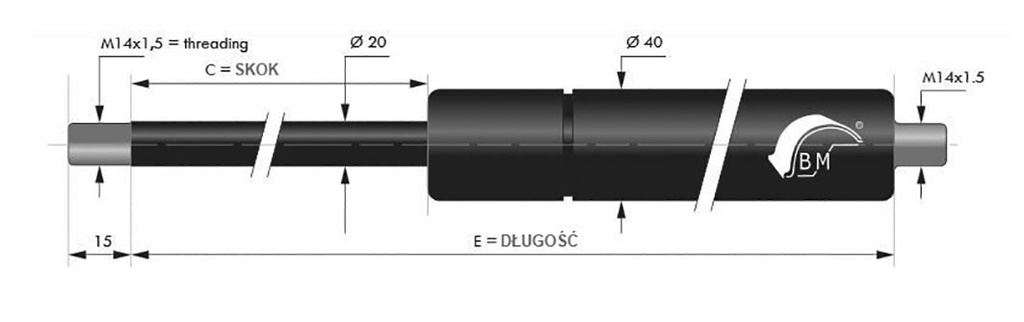Gas spring; Thread: M14x1,5; E: 616mm; Øout: 40mm; Piston diam: 20mm