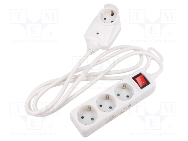 Plug socket strip: supply; Sockets: 3; 230VAC; 16A; white; 2m; IP20