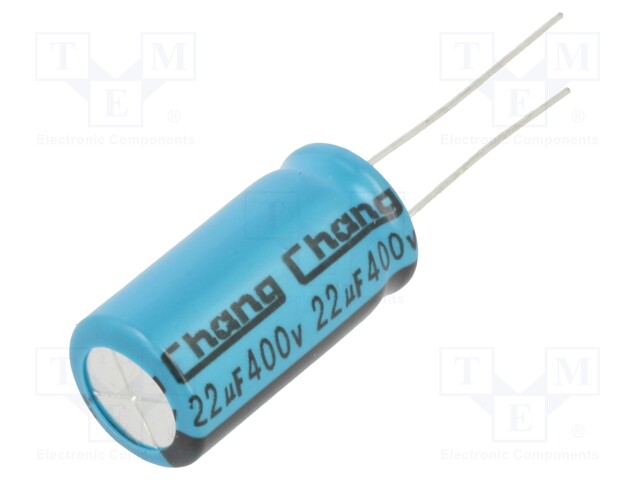 Capacitor: electrolytic; THT; 22uF; 400VDC; Ø12.5x25mm; Pitch: 5mm