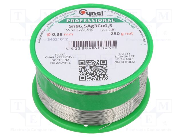Tin; lead free; Sn96,5Ag3Cu0,5; 0.38mm; 250g; reel; 217÷220°C; 2.5%