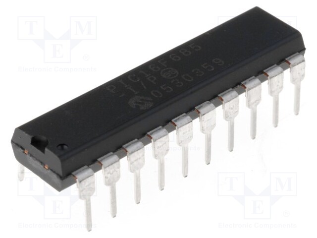 PIC microcontroller; Memory: 7kB; SRAM: 256B; EEPROM: 256B; THT