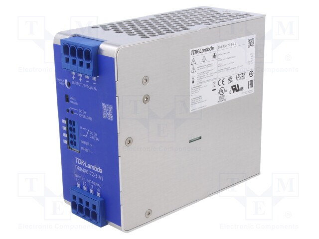 Power supply: switched-mode; for DIN rail; 480W; 72VDC; 6.7A; DRB