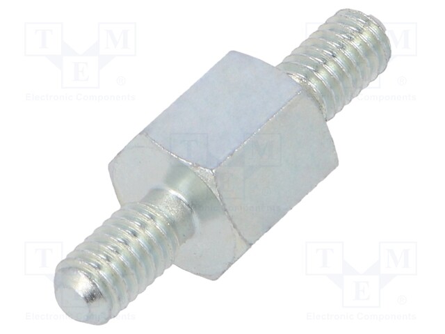 Screwed spacer sleeve; 8mm; Ext.thread: M4; hexagonal; steel; zinc