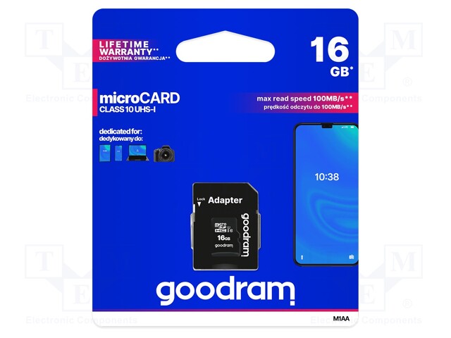 Memory card; SD HC Micro; 16GB; Read: 100MB/s; Write: 10MB/s; UHS I