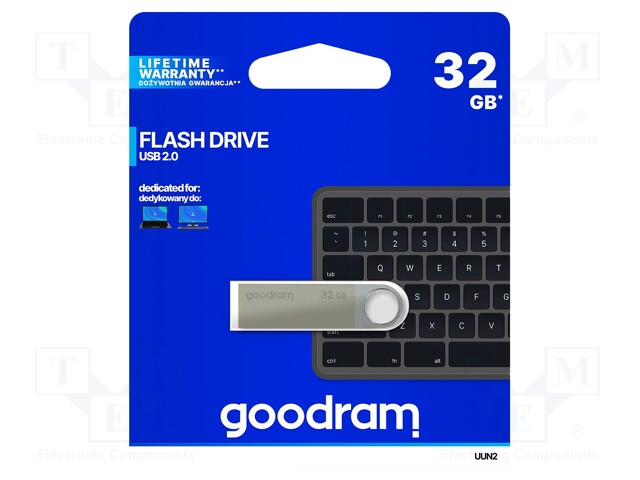 Pendrive; USB 2.0; 32GB; Read: 20MB/s; Write: 5MB/s; Colour: silver