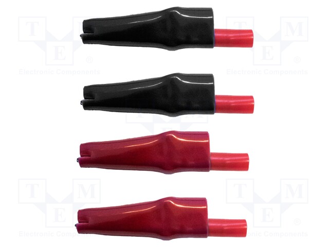 Crocodile clip; 10A; black,red; plug; nickel plated; 4mm; 4set