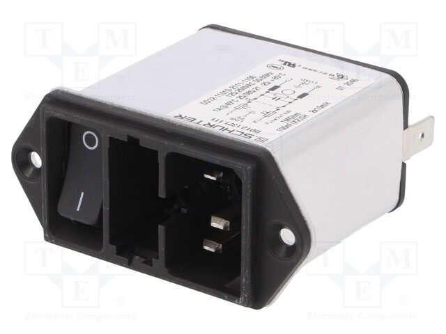 Filtered IEC Power Entry Module, IEC C14, Medical, 1 A, 250 VAC, 2-Pole Switch, 2-Pole Fuse Holder