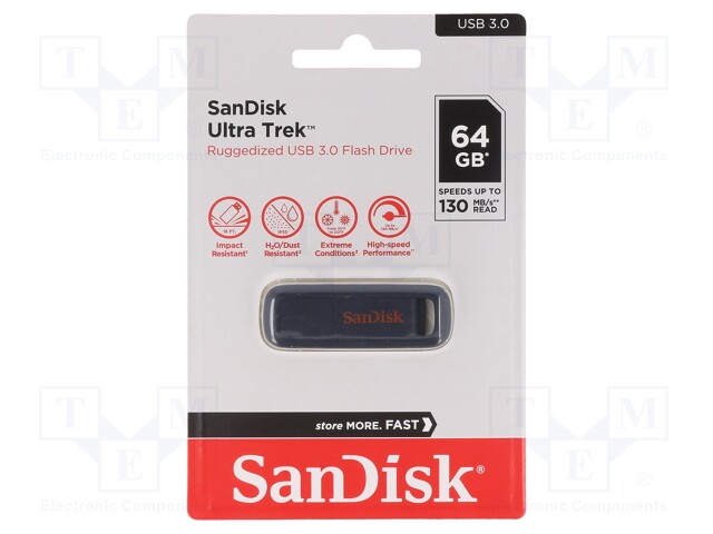 Pendrive; USB 3.0; 64GB; 130MB/s; USB A; ULTRA TREK; Colour: black