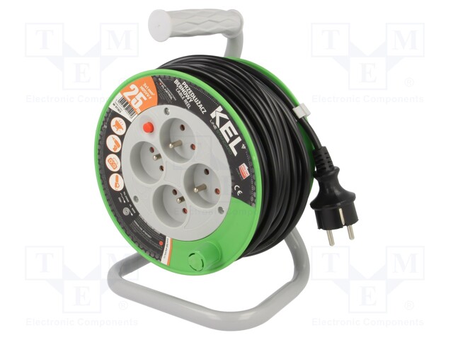 Extension lead; reel; Sockets: 4; PVC; black; 3x1mm2; 25m; 10A