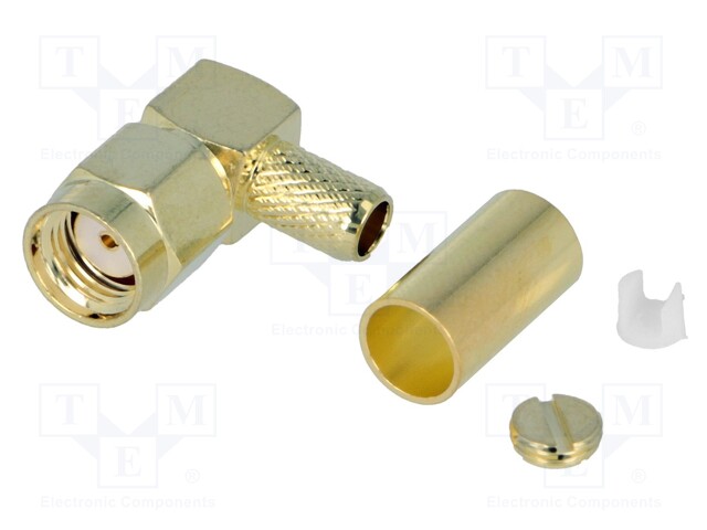 Plug; SMA; reverse,female; angled 90°; 3C2V,RG141,RG58; crimped