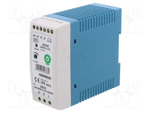 Power supply: switched-mode; 40W; 24VDC; for DIN rail mounting
