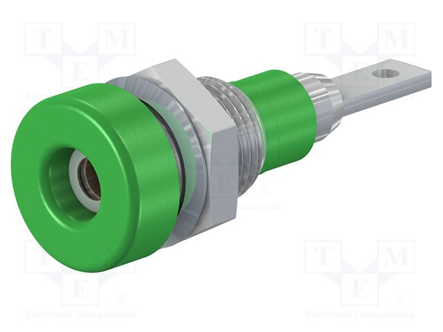 Socket; 2mm banana; 10A; 23mm; green; soldered,on panel; insulated
