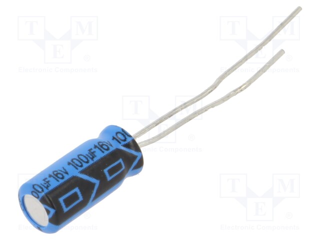Capacitor: electrolytic; THT; 100uF; 16VDC; Pitch: 2mm; ±20%; 2000h