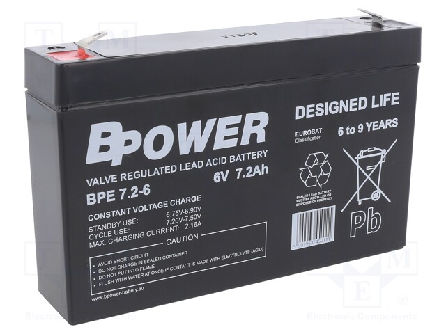 Re-battery: acid-lead; 6V; 7.2Ah; AGM; maintenance-free