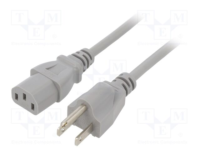 Cable; IEC C13 female,NEMA 5-15 (B) plug; PVC; 3m; grey; 3x18AWG
