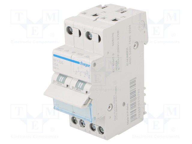 Module: toggle switch; Poles: 2; 230VAC; 25A; IP20; DIN; Stabl.pos: 3