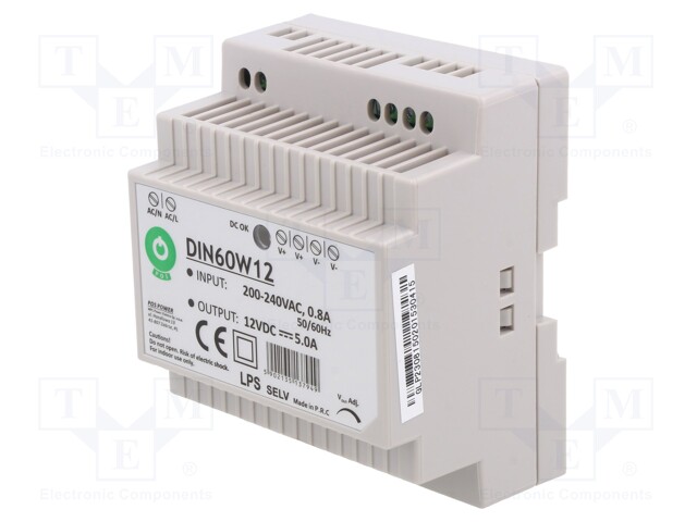 Power supply: switched-mode; 60W; 12VDC; for DIN rail mounting