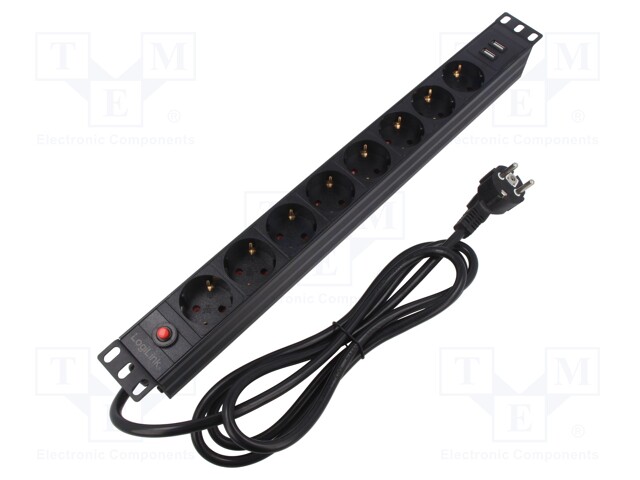 Plug socket strip: protective; Sockets: 8; 230VAC; 16A; black; 2m