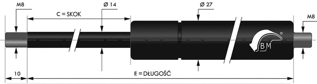 Gas spring; Thread: M8; E: 555mm; Øout: 27mm; Piston diam: 14mm