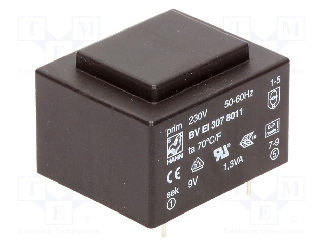 Transformer: encapsulated; 1.3VA; 230VAC; 9V; 144mA; Mounting: PCB