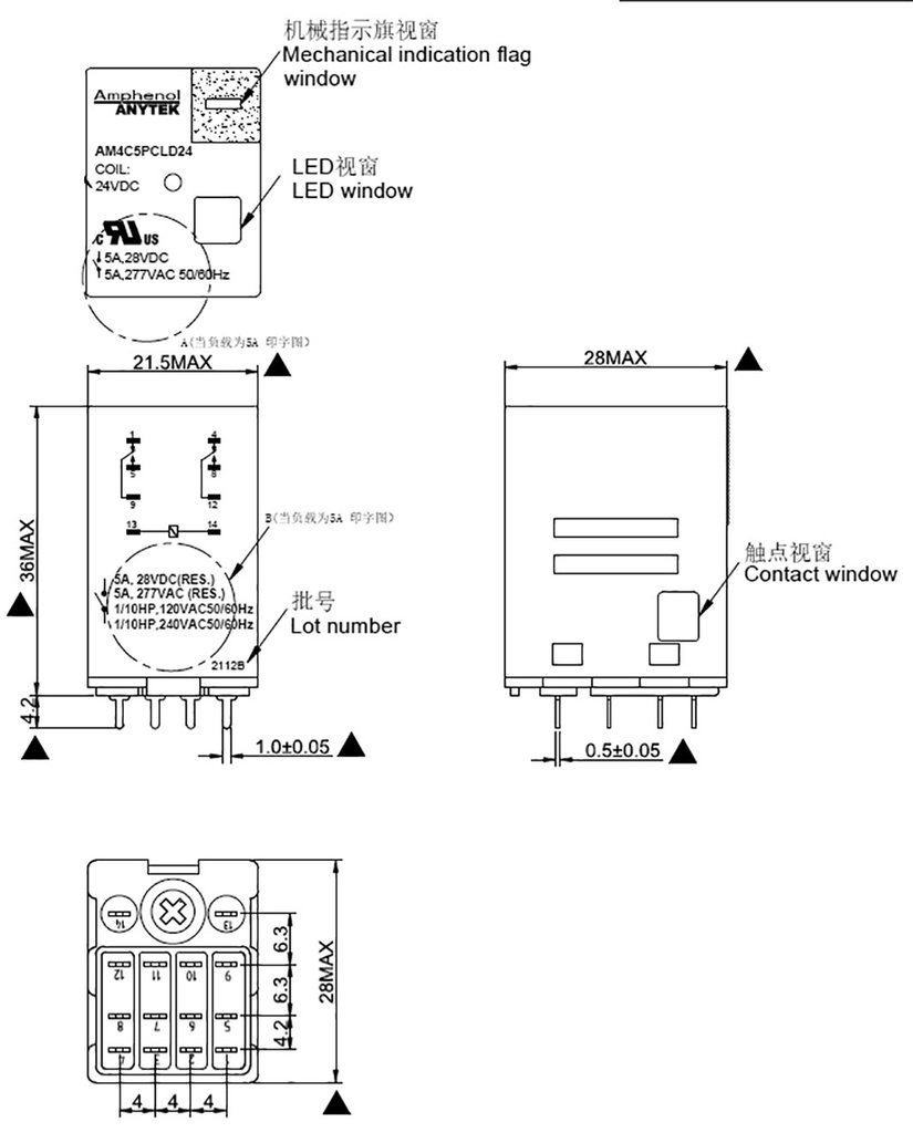 Relay: electromagnetic industrial; 4PDT; 24VDC; Icontacts max: 5A