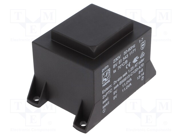 Transformer: encapsulated; 22VA; 230VAC; 9V; 9V; 1223mA; 1223mA