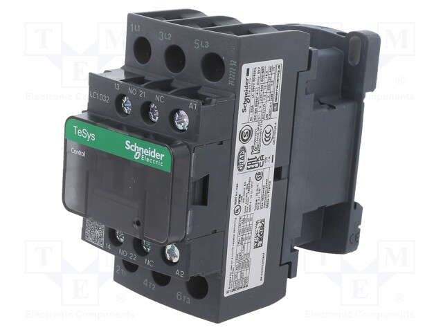 Contactor, 32 A, DIN Rail, Panel, 690 VAC, 3PST-NO, 3 Pole, 18.5 kW