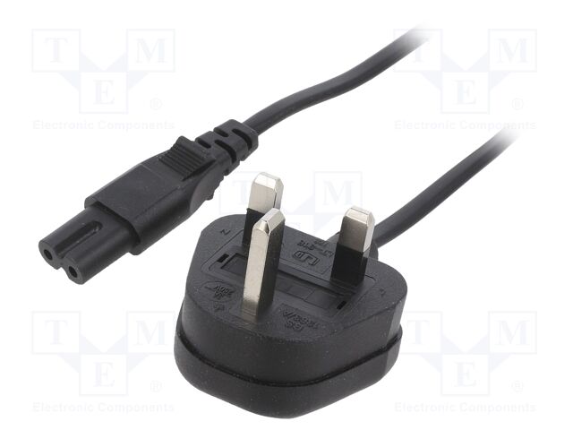 Cable; BS 1363 (G) plug,IEC C7 female; PVC; 5m; black; 2x0,75mm2
