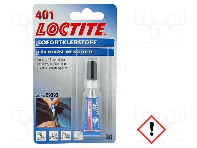 Cyanoacrylate adhesive; colourless; tube; 3g; LOCTITE 401; 2÷180s